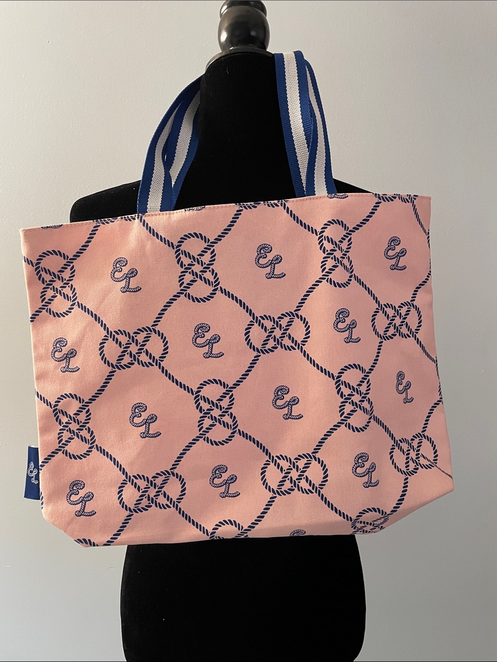 Estee Lauder Nautical Rope Print Pink Tote Bag with Blue Trim